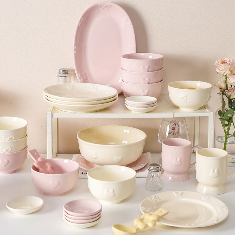 《4935》少女心系列浮雕愛心兔兔蝴蝶結陶瓷餐具組