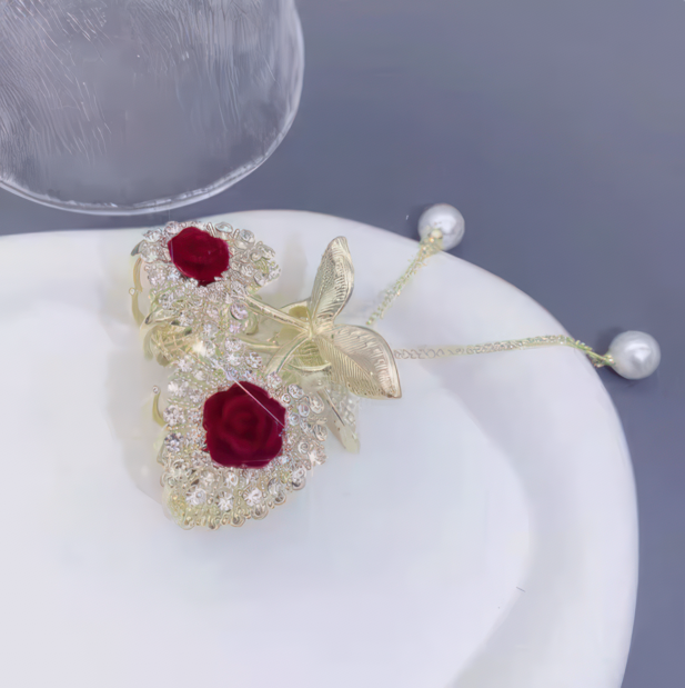 Heart Cherry Rose Tassel Small Hair Claw