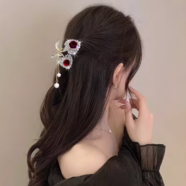 Heart Cherry Rose Tassel Small Hair Claw