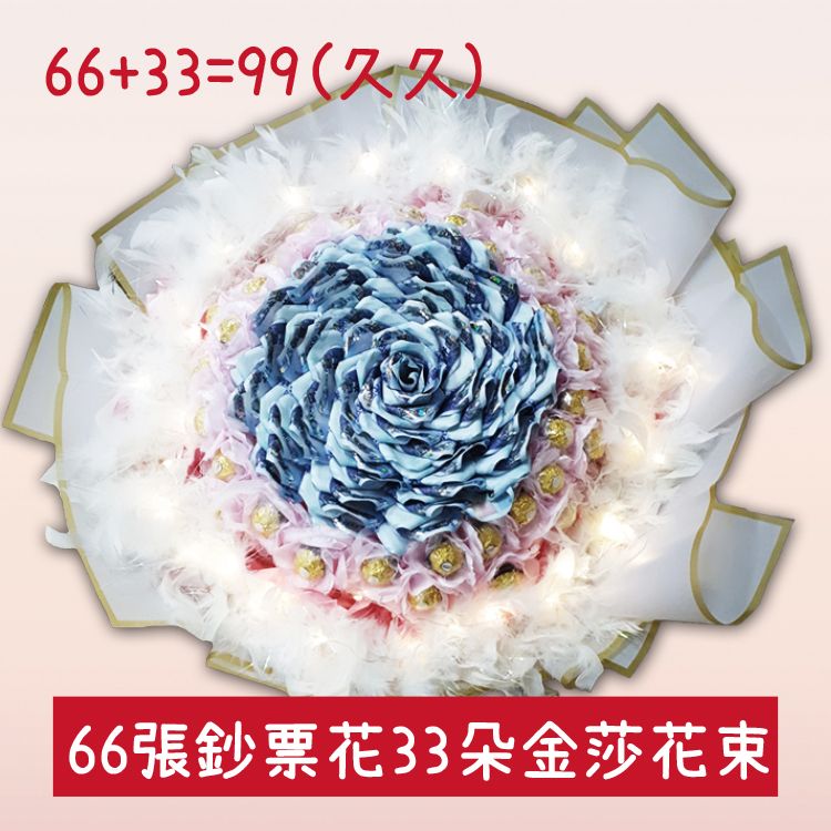 66張鈔票加33朵金莎巧克力羽毛花束,天長地久,有錢花束,鈔票花束