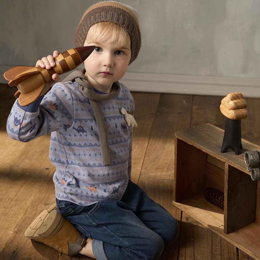 PIPPY 滿版緹花立體小恐龍長袖上衣 藍