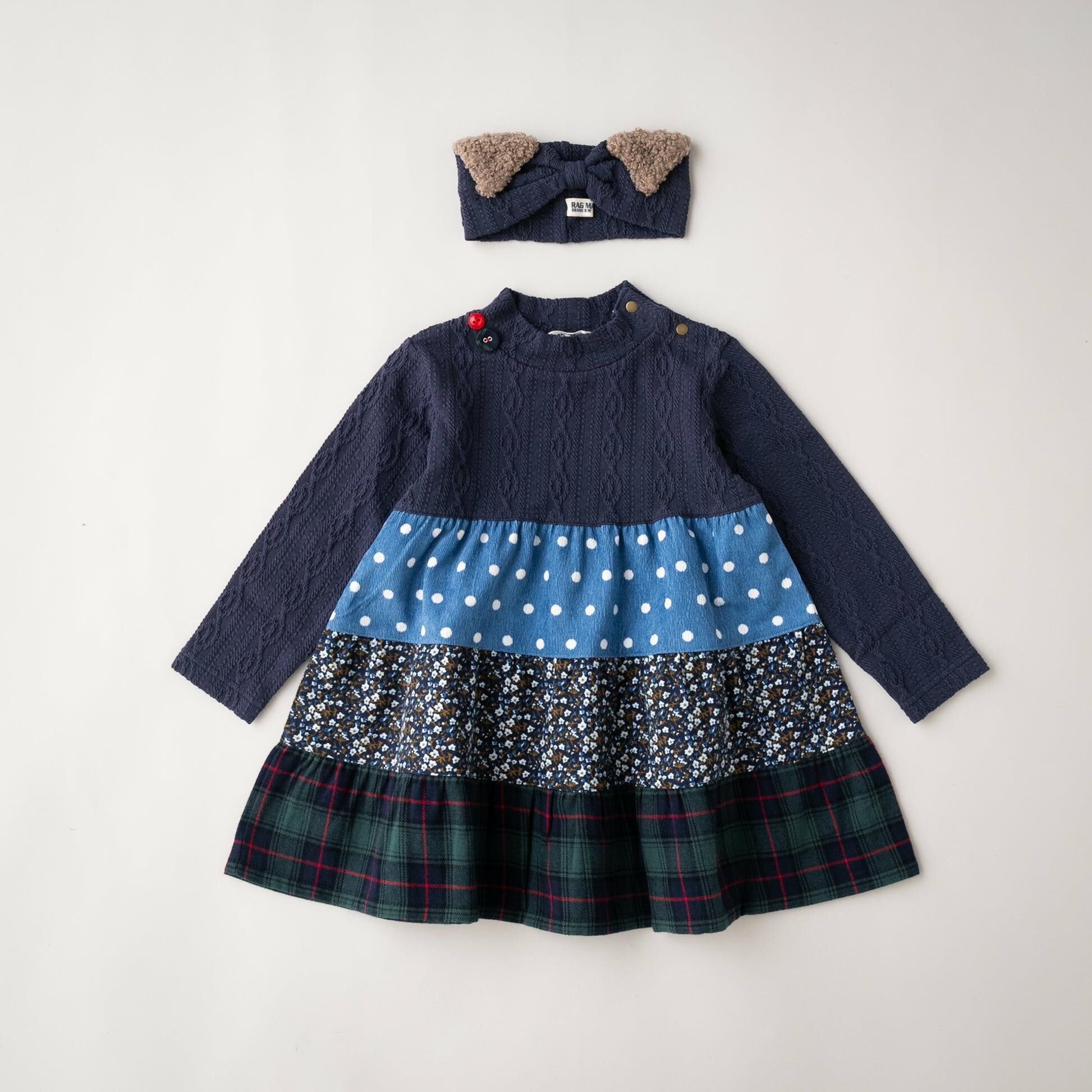 Rag-mart 深藍色針織拼布連身裙連髮帶