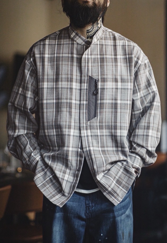 竹節紋理格子立領襯衫