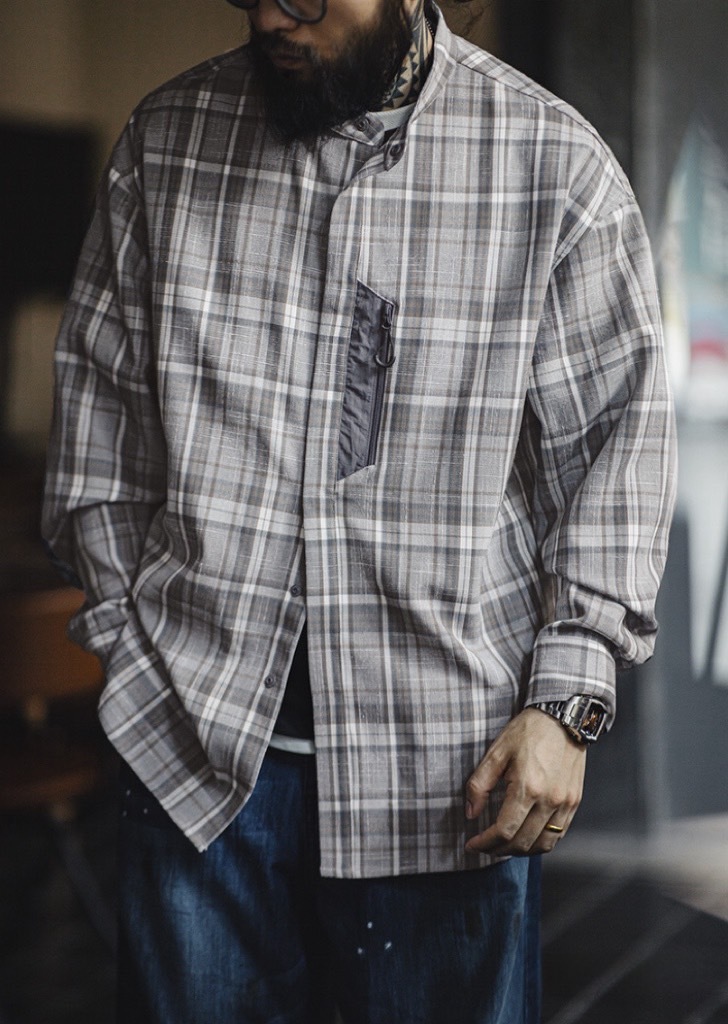 竹節紋理格子立領襯衫