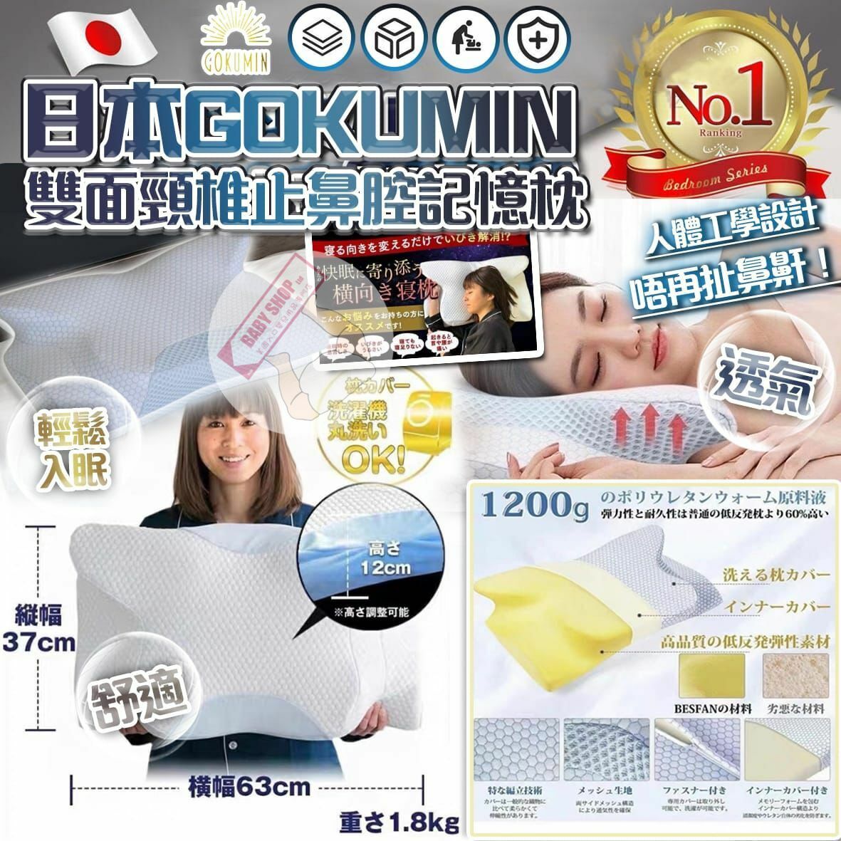 【預訂】A100902 日本製 GOKUMIN 雙面頸椎止鼻腔記憶枕