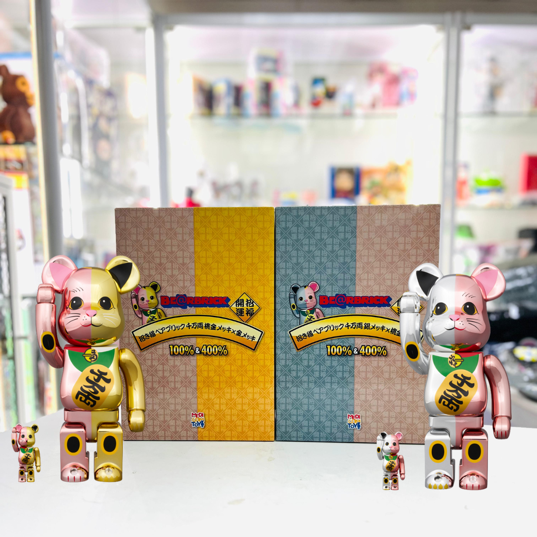 (Set of 2)100%+400% BE@RBRICK 招き猫 千万両  銀メッキ × 桃金メッキ+桃金メッキ × 金メッキ Maneki Neko Ten Man Ryo Silver plating x Pink gold plating + Pink gold plating x Gold plating