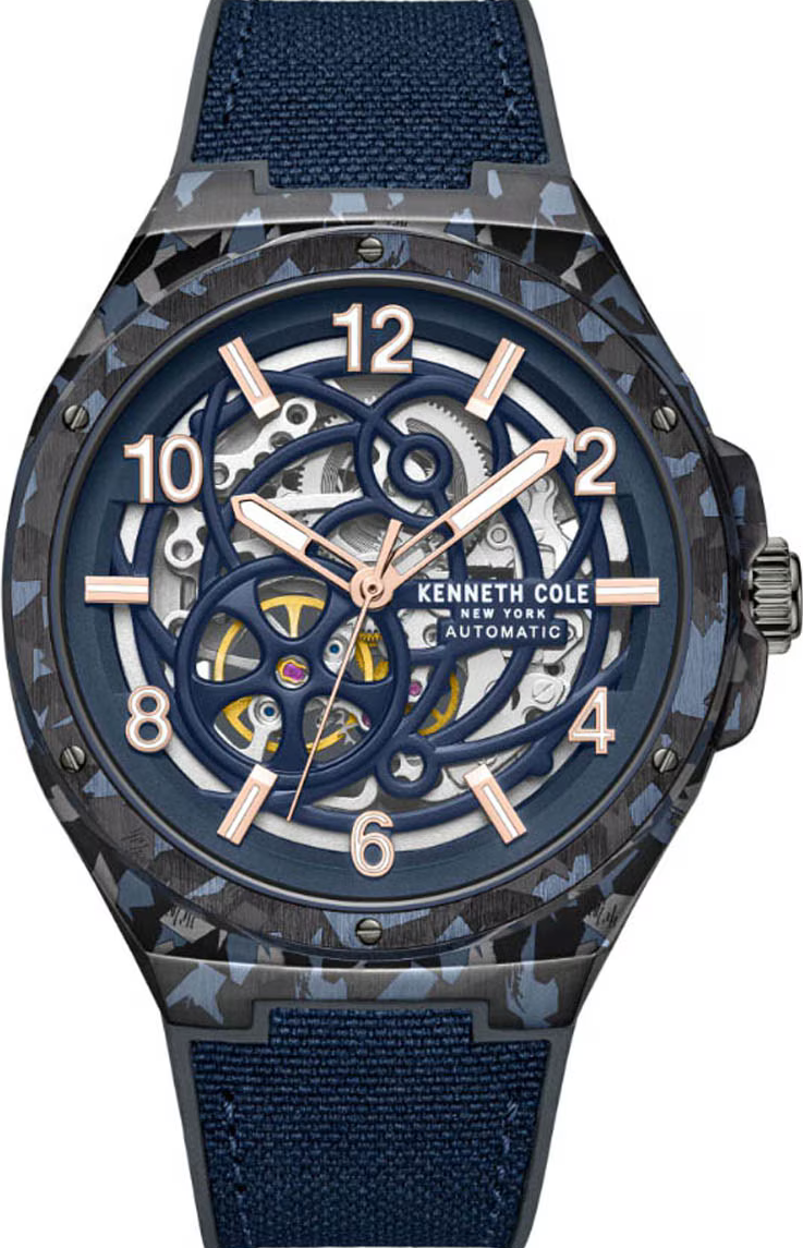 萬年鐘錶 - KENNETH COLE  美國紐約品牌  藍色迷彩錶框透視機芯機械橡膠錶帶男錶 KCWGZ0046301 錶徑43MM