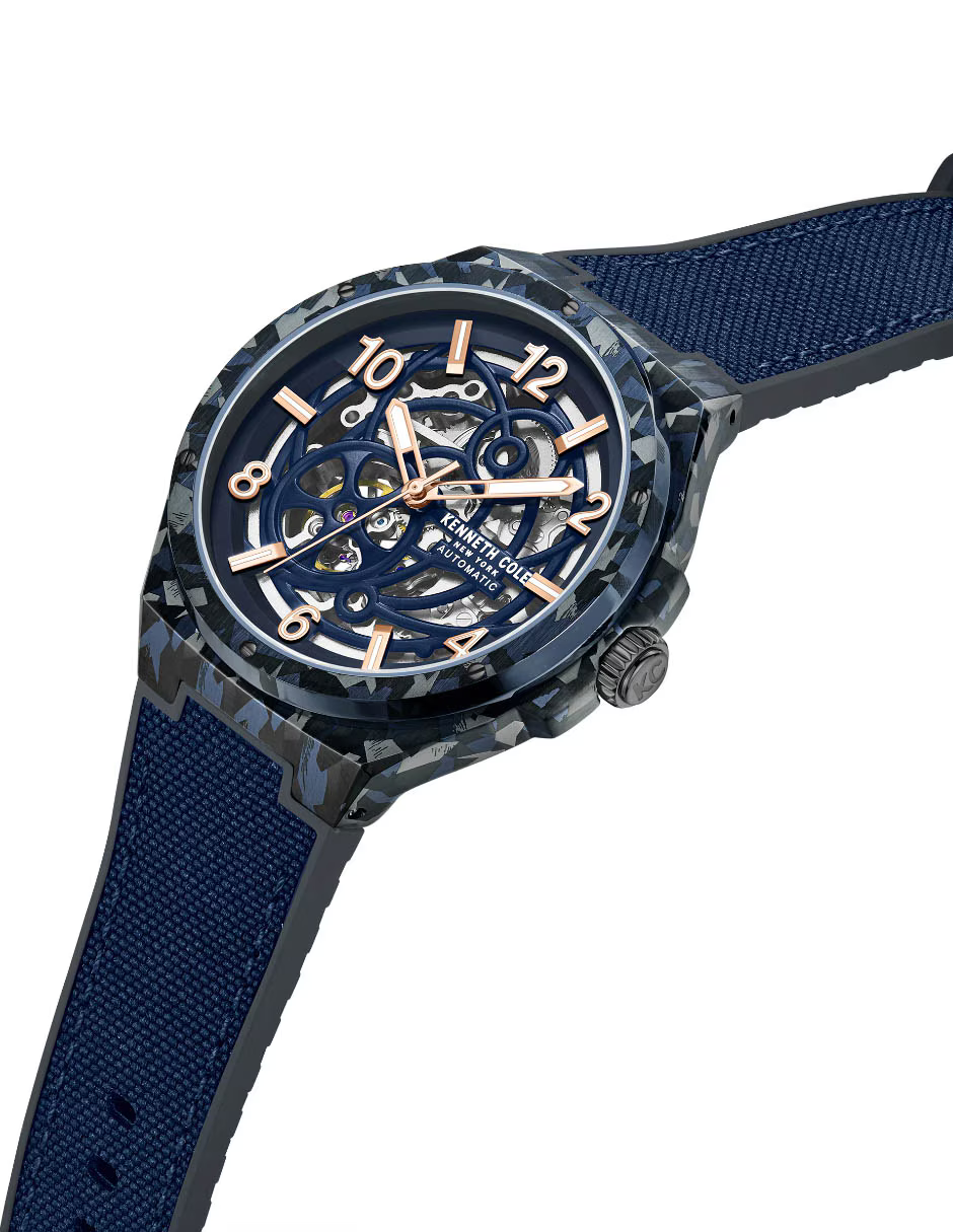 萬年鐘錶 - KENNETH COLE  美國紐約品牌  藍色迷彩錶框透視機芯機械橡膠錶帶男錶 KCWGZ0046301 錶徑43MM