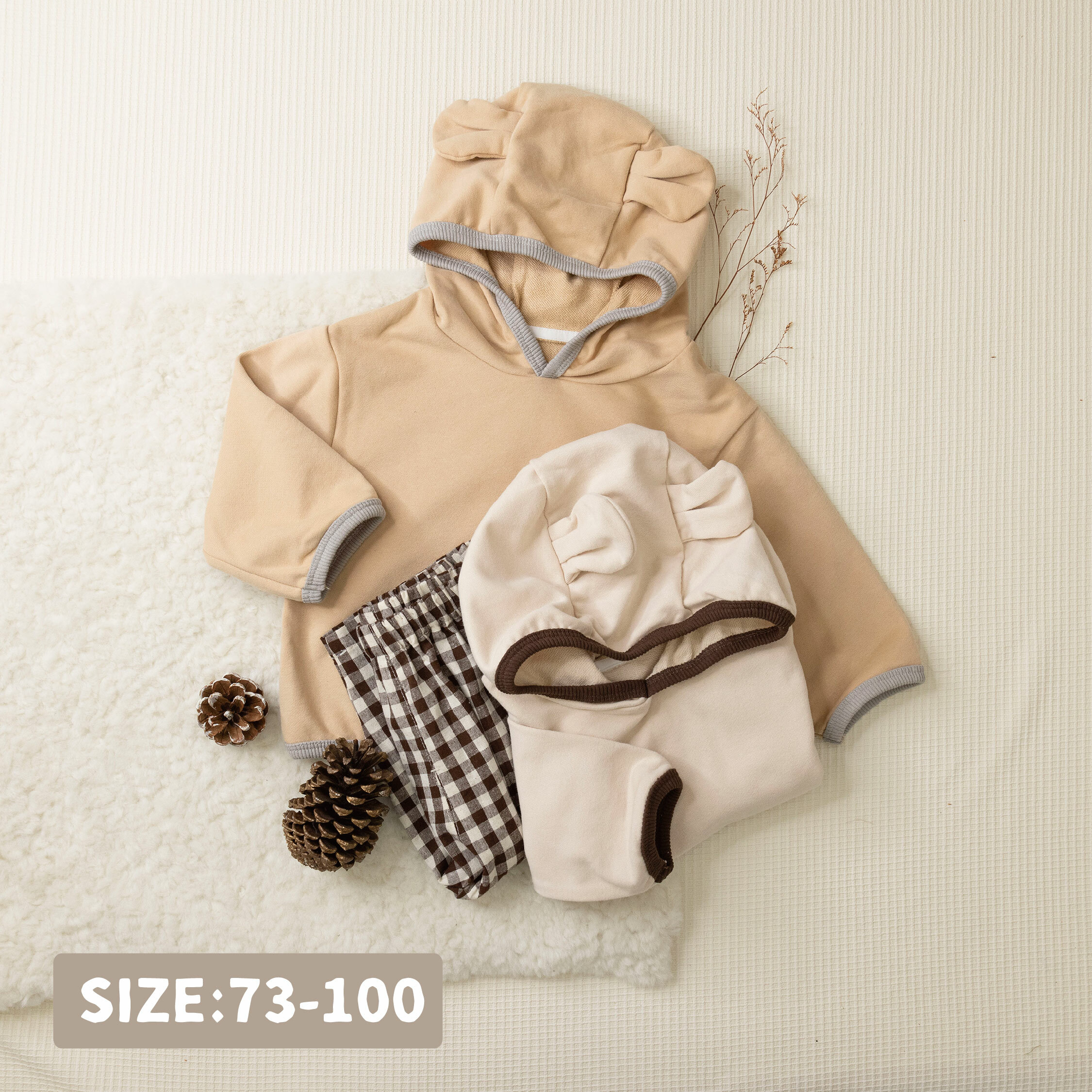 【H45243】立體熊熊耳朵滾邊連帽上衣/帽T＊二色