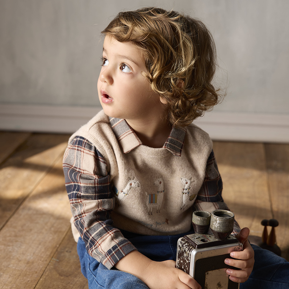 PIPPY 可愛小羊駝格紋袖假兩件長袖上衣 米