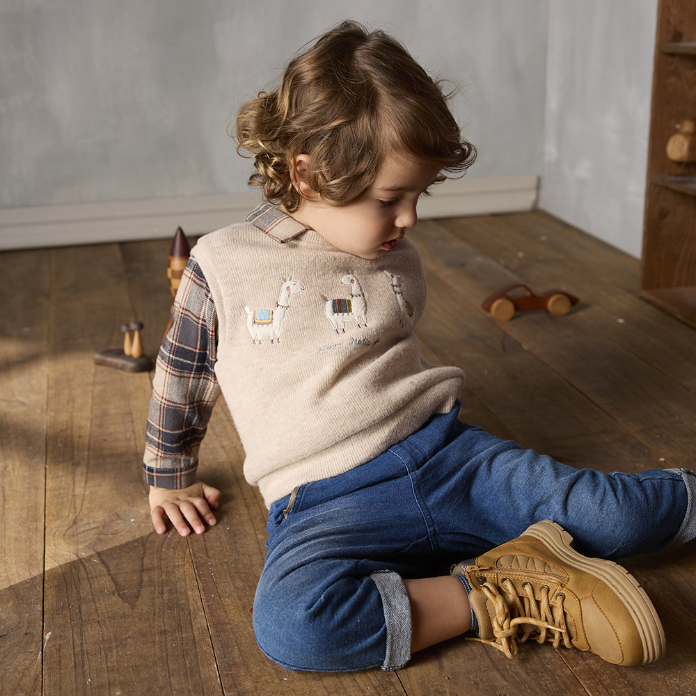 PIPPY 可愛小羊駝格紋袖假兩件長袖上衣 米