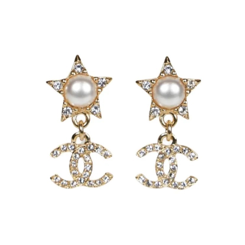 CHANEL 星星造型設計 珍珠 水鑽 耳環 金色