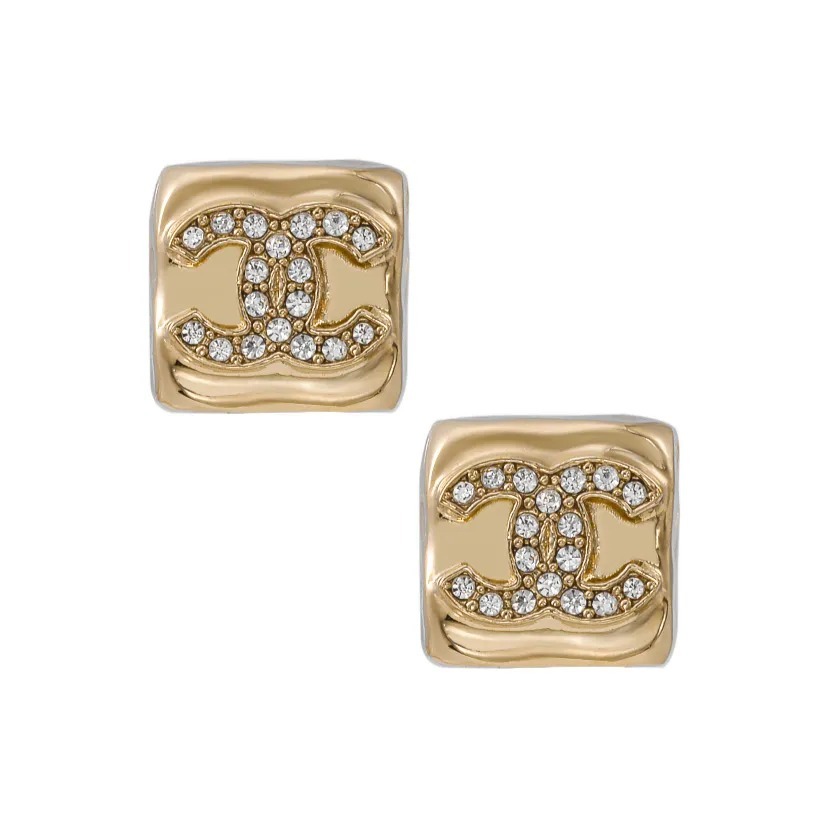 CHANEL CC Logo 方形鑲鑽 合金 水鑽 耳環 金色
