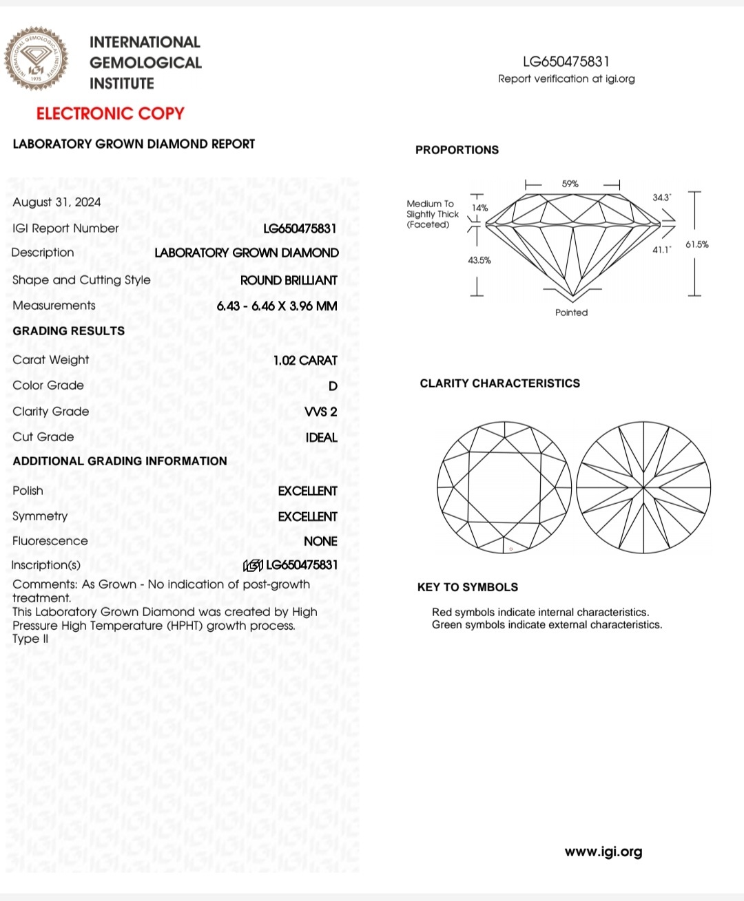 IGI LAB GROWN DIAMOND 1.02 D VVS2 IDEAL 2EX NON