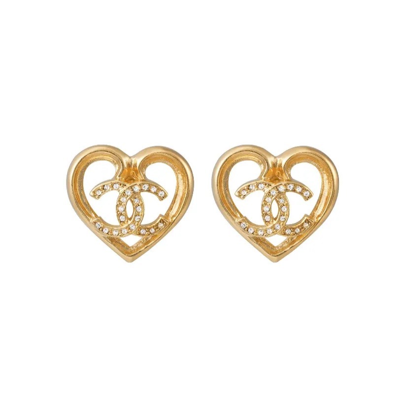 CHANEL 愛心雙C 鏤空耳釘 淡金色