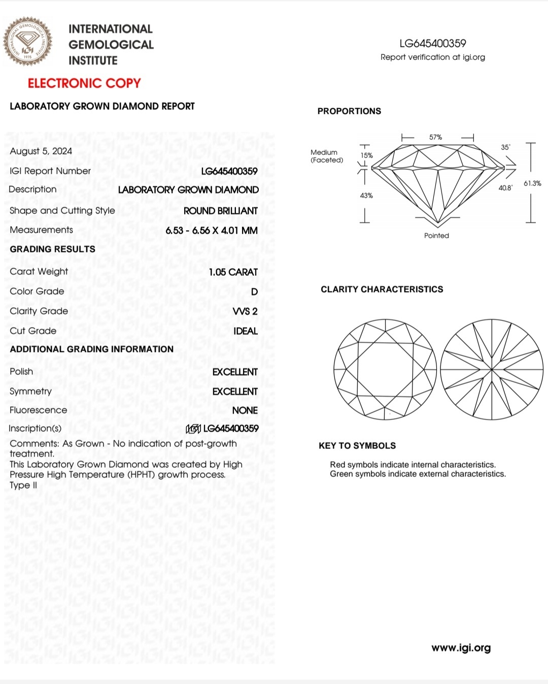 IGI LAB GROWN DIAMOND 1.05 D VVS2 IDEAL 2EX NON