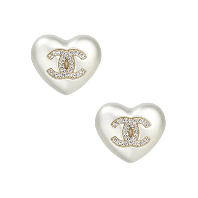 CHANEL 愛心雙C 金屬 耳環 珍珠白