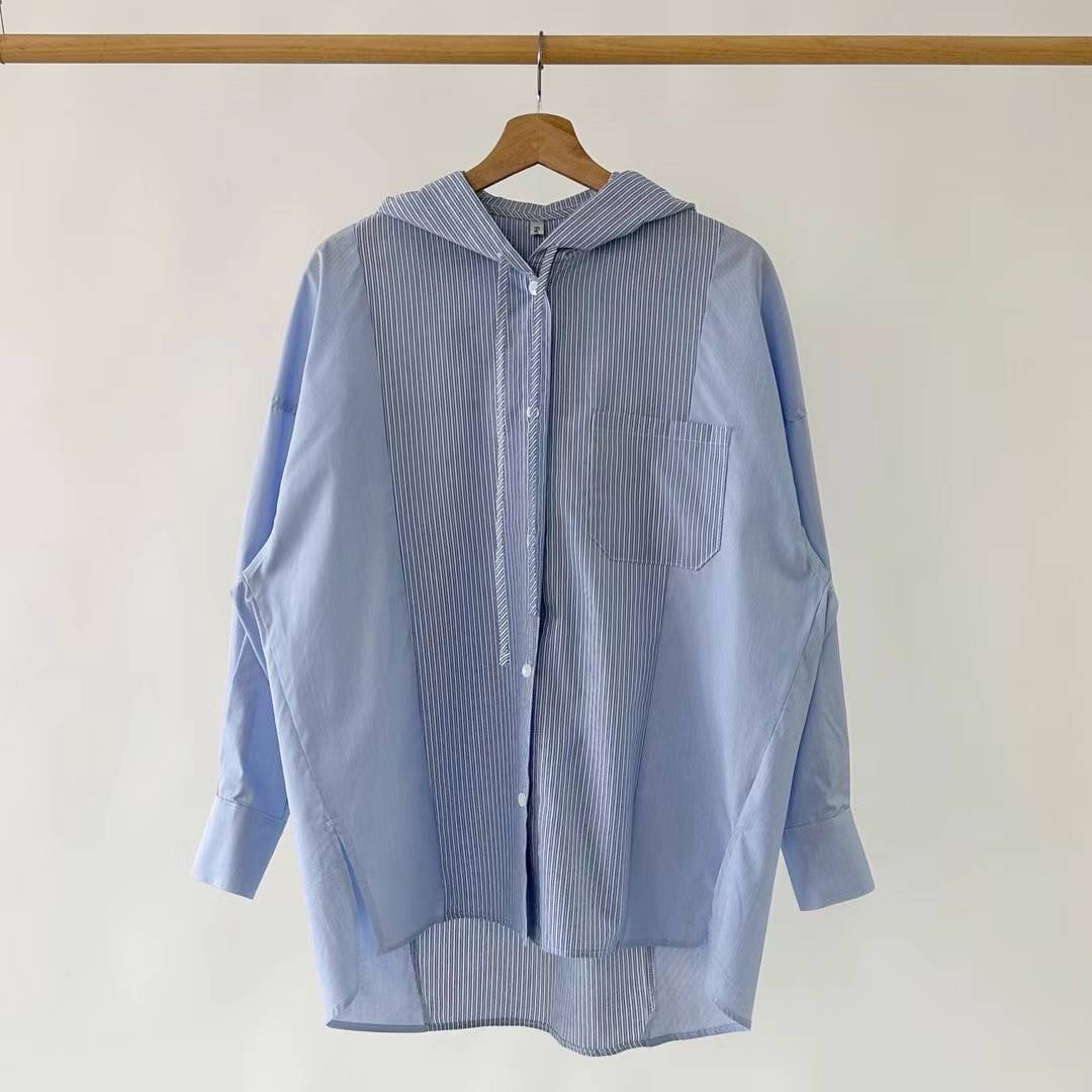 正韓𝜗𝜚連帽挺版條紋襯衫
