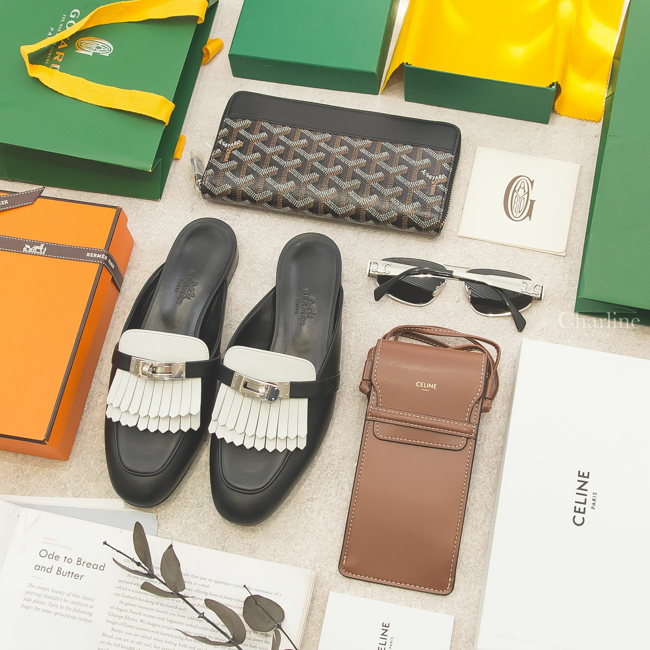 Goyard Matignon 黑色牛皮拉鍊長夾,Hermès Oz Mule 黑色銀釦白色流蘇牛皮穆勒鞋,Celine Sunglasses 銀色飛行員金屬框側邊凱旋門黑鏡腳太陽眼鏡附棕褐色肩背包兩件組-Charline Boutique 精品代購