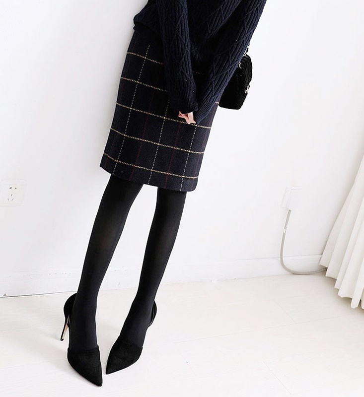 毛呢格紋包臀裙 黑色