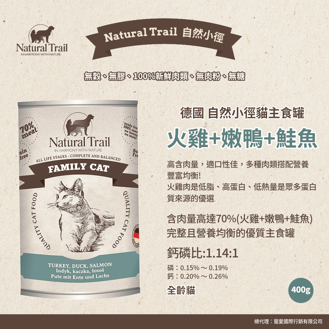 德國自然小徑 貓主食罐 火雞+嫩鴨+鮭魚  400g