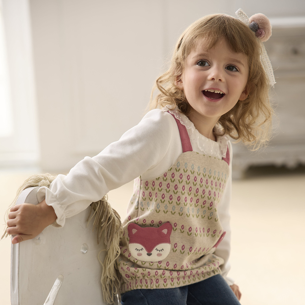 PIPPY 優雅印花小麋鹿口袋假兩件吊帶長袖上衣 粉