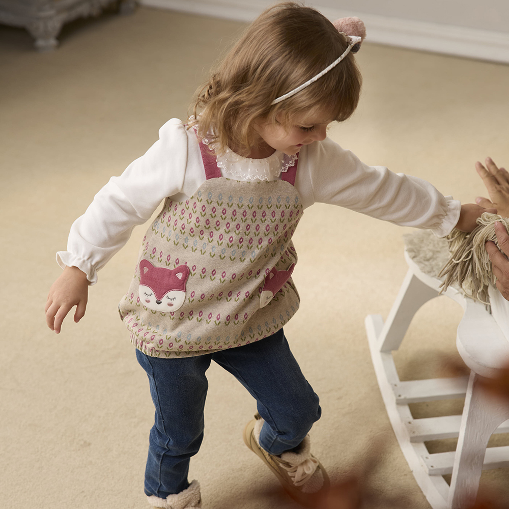 PIPPY 優雅印花小麋鹿口袋假兩件吊帶長袖上衣 粉