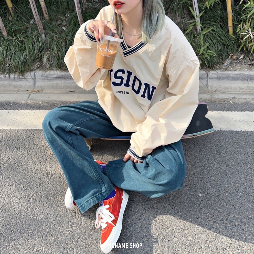 VISION STREET WEAR 美式 字母 印花 復古 梭織 V領 長袖 兩色 (男款)