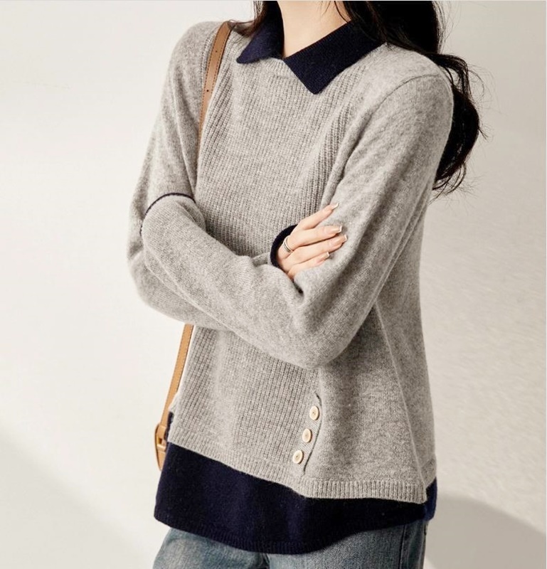 立領假兩件針織上衣 灰色