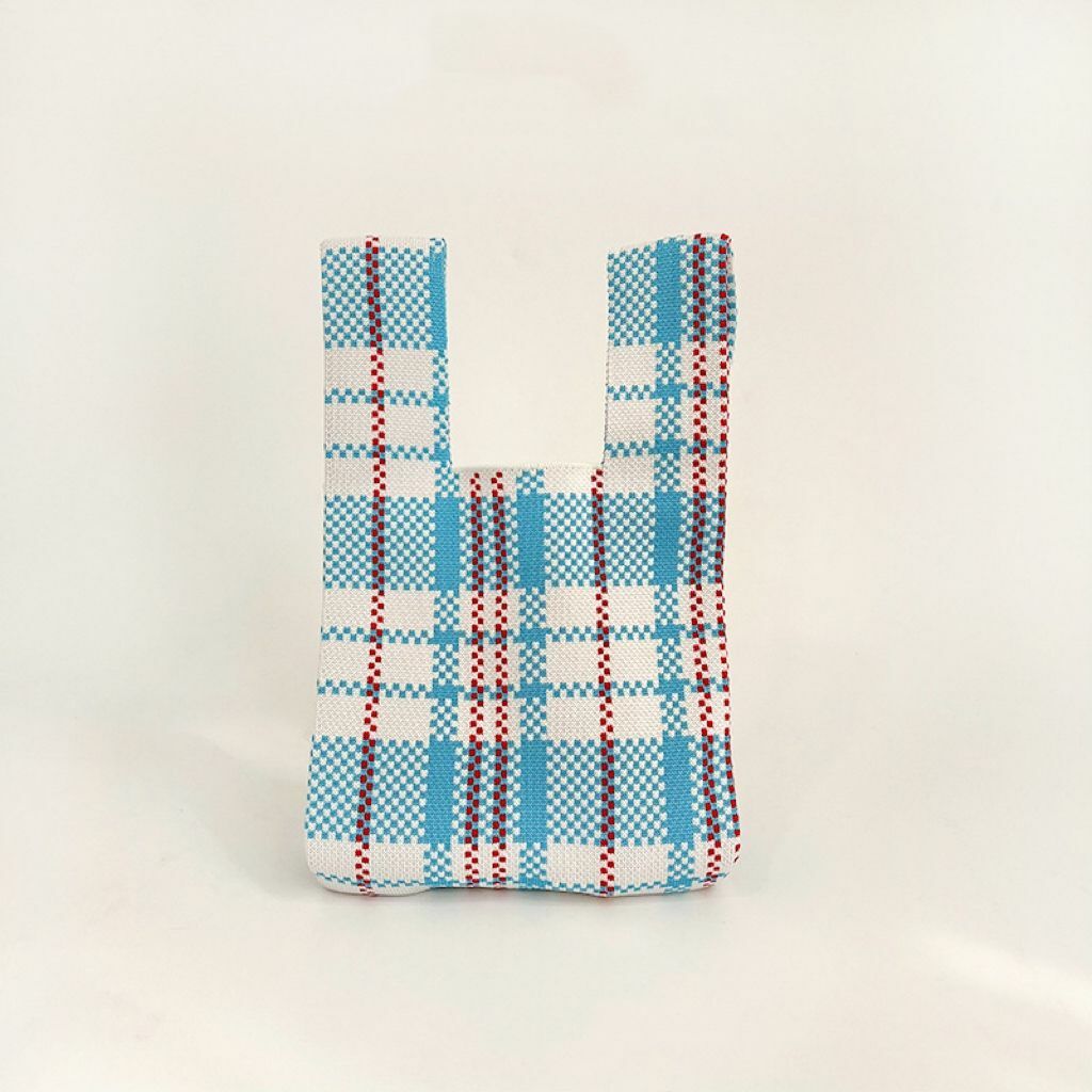 紅白藍格仔針織手提袋-藍色