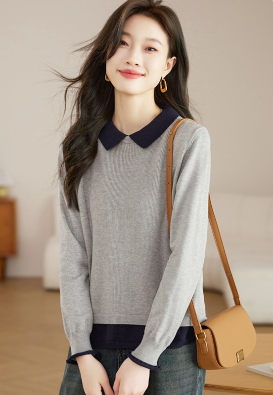 立領假兩件針織上衣 灰色