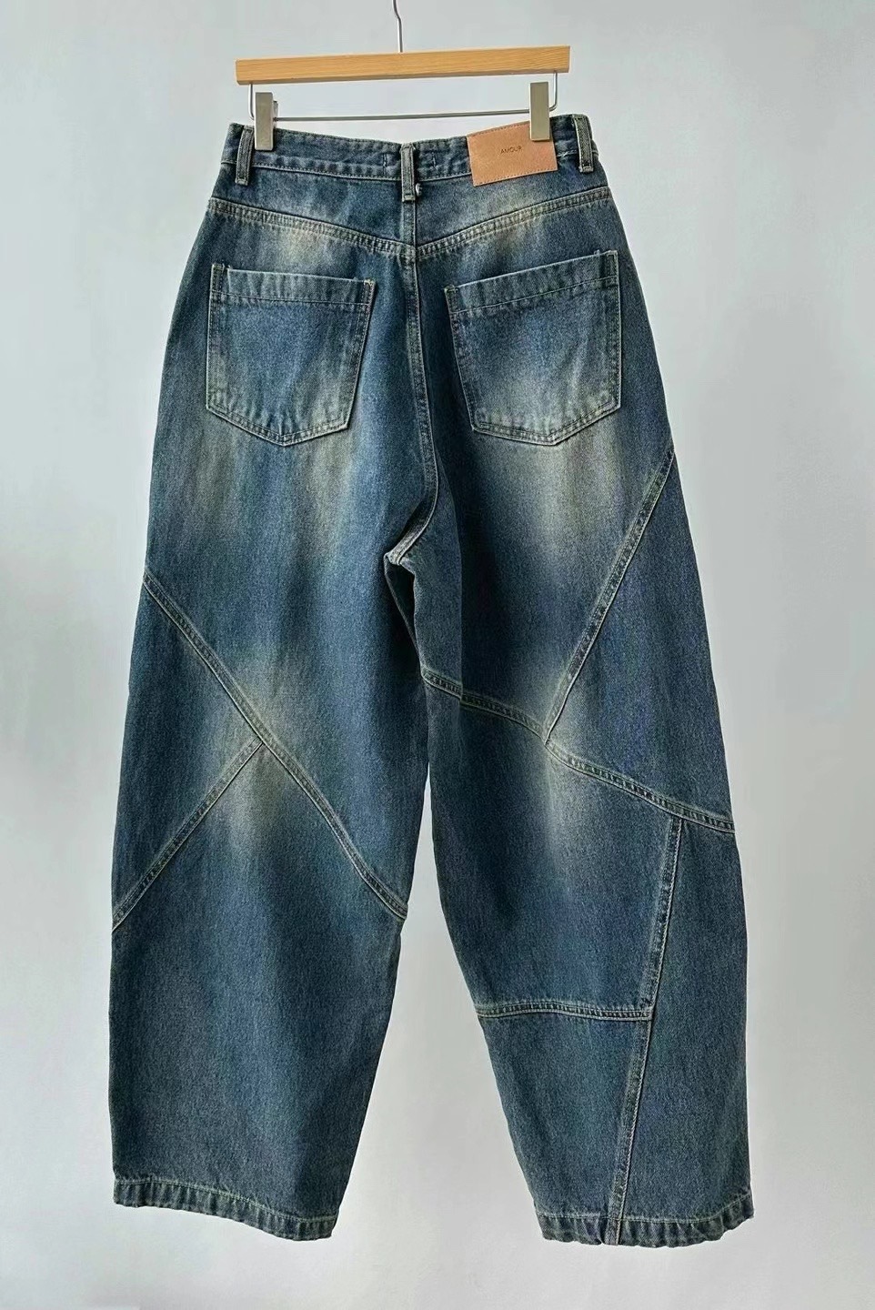 正韓𝜗𝜚設計線條牛仔寬褲