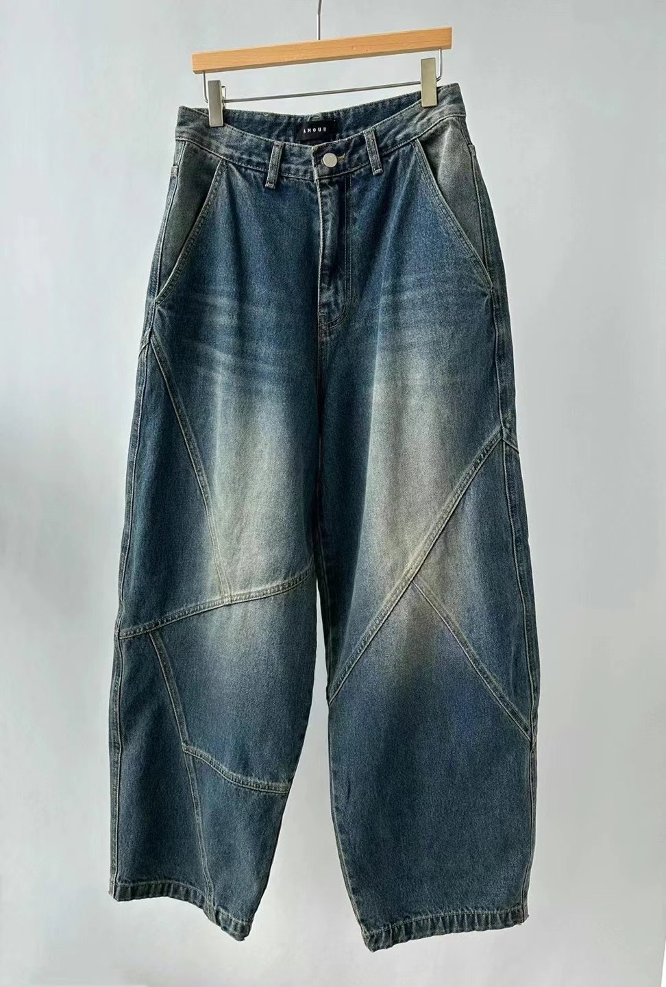 正韓𝜗𝜚設計線條牛仔寬褲