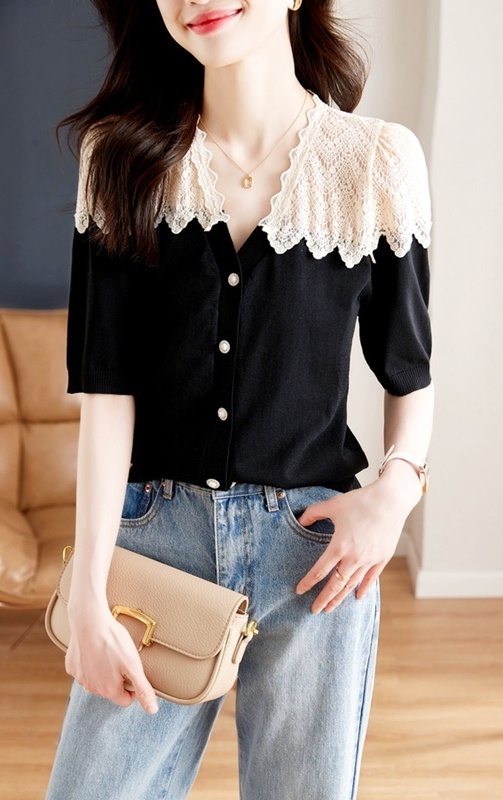鏤空緹花拼接上衣 黑色