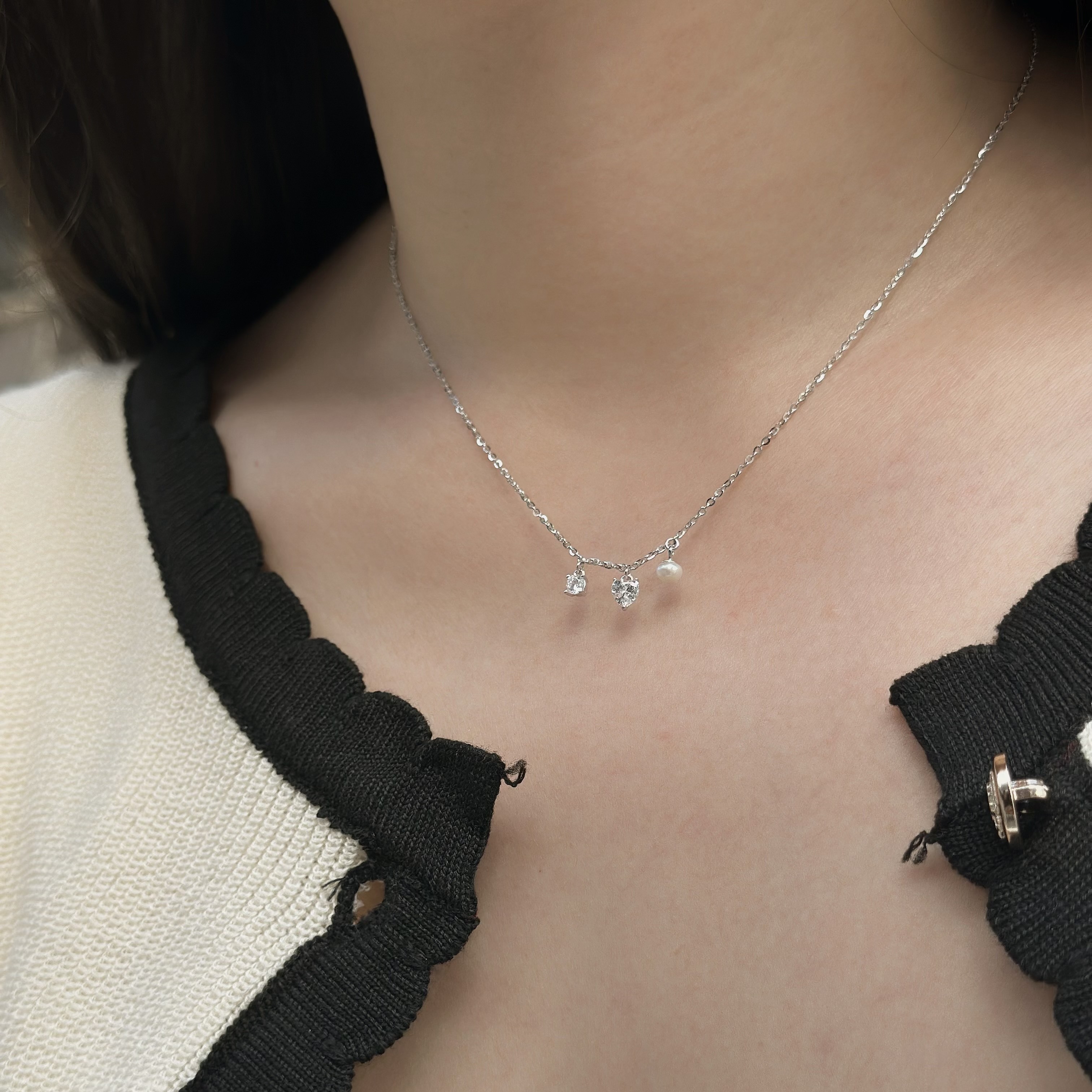 B13【輕奢】淡水珍珠愛心單鑽純銀鎖骨鏈