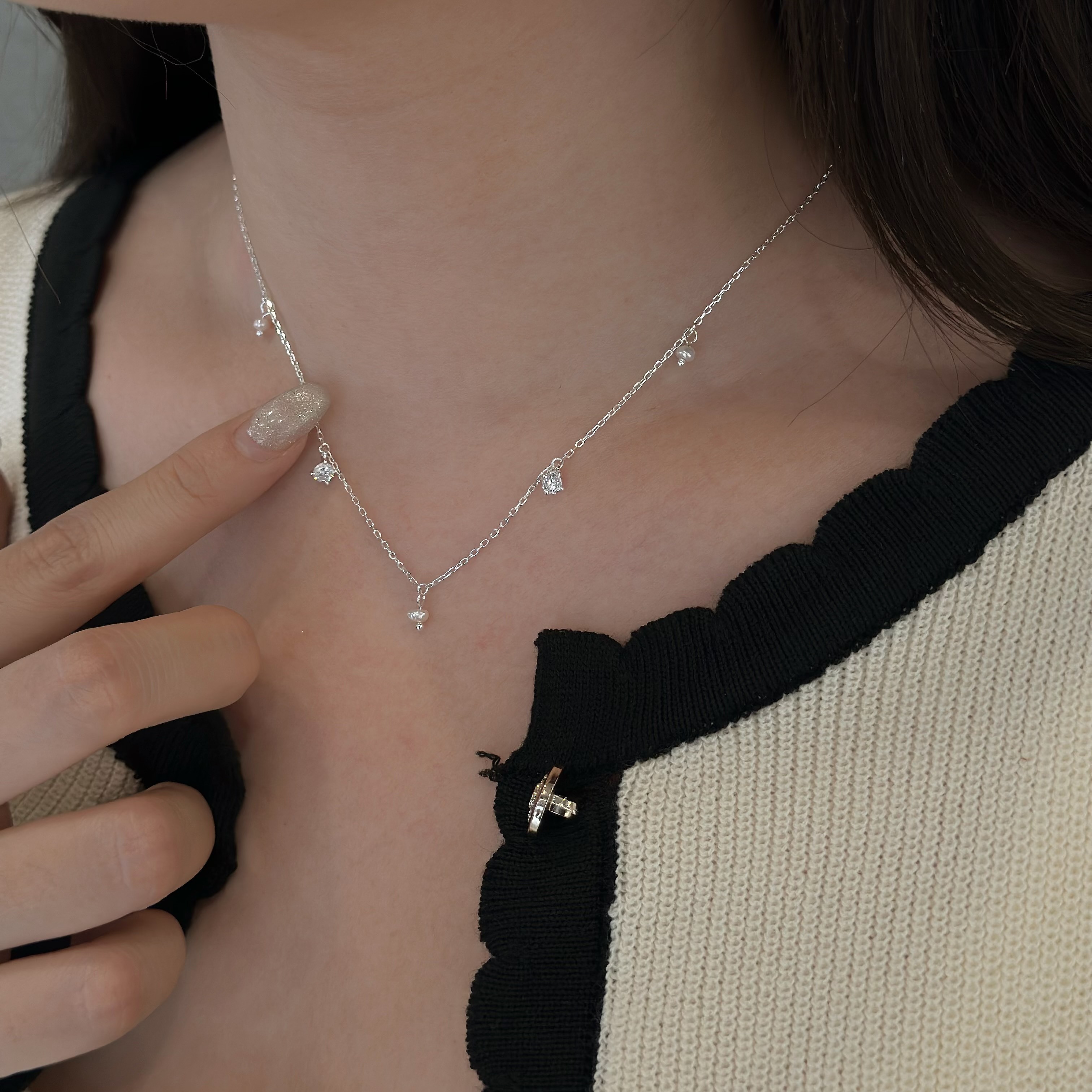 B09分布式珍珠單鑽純銀鎖骨鏈