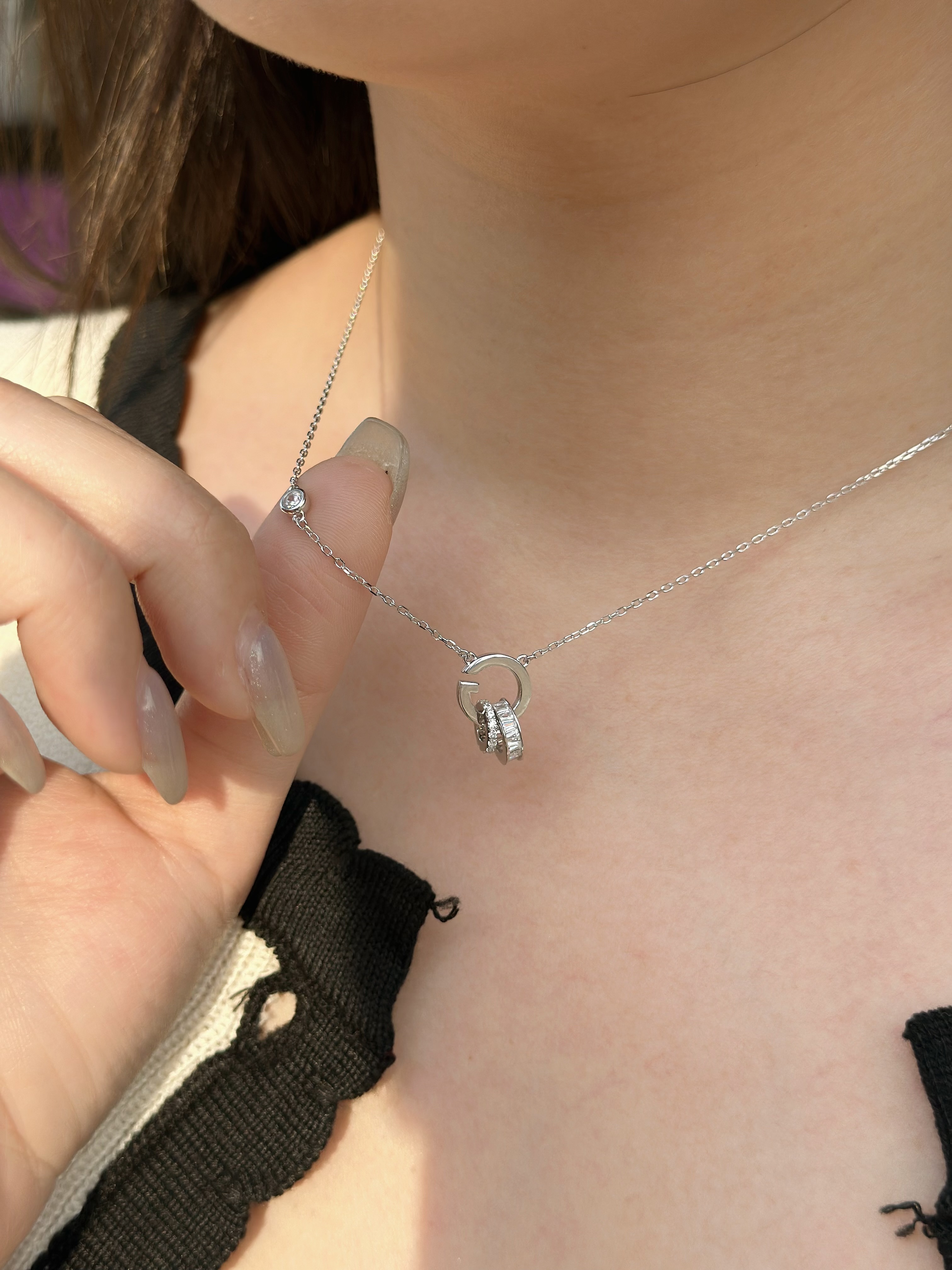 B16【輕奢】字母鋯石排鑽雙環純銀鎖骨鏈