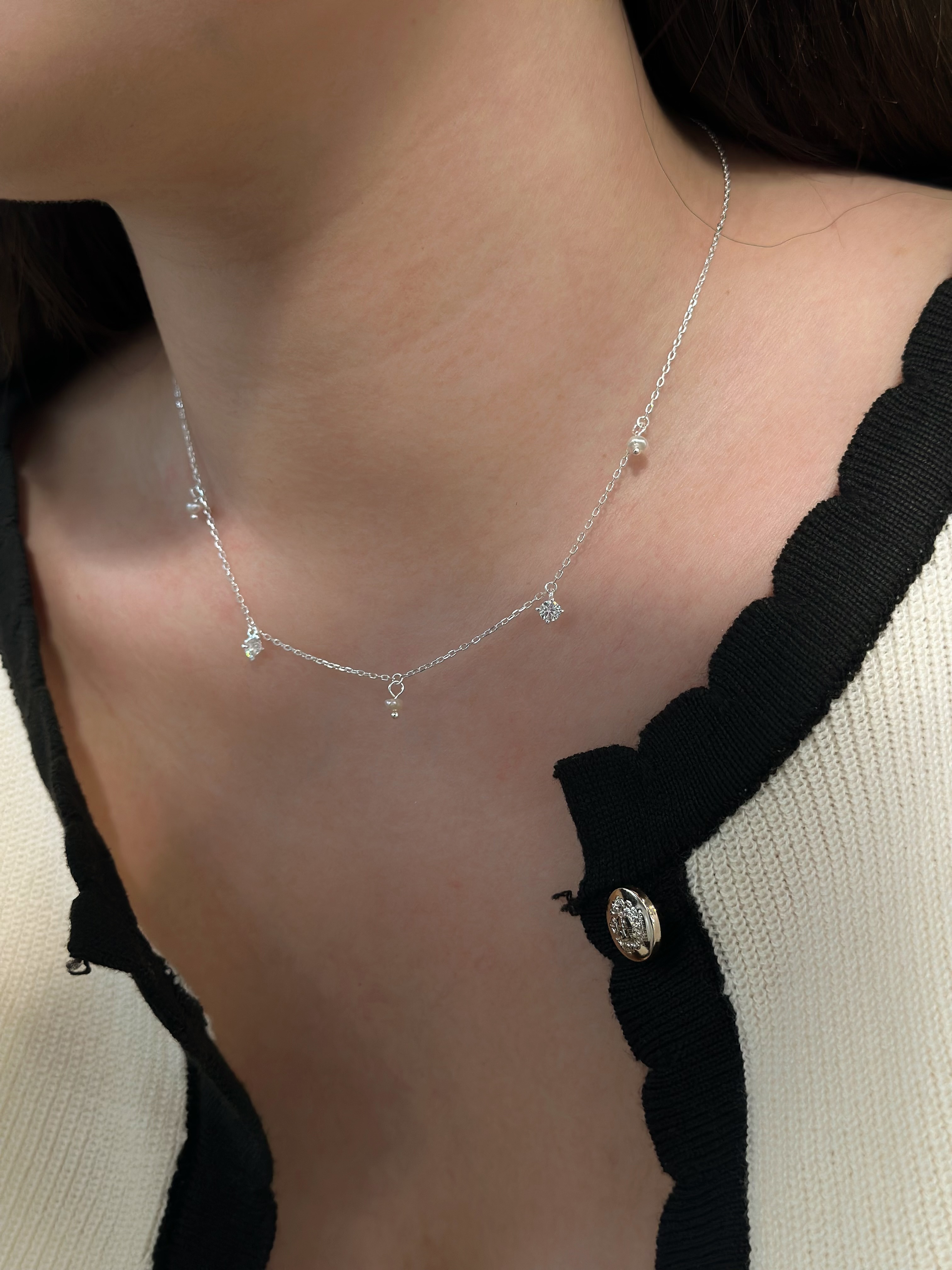 B09分布式珍珠單鑽純銀鎖骨鏈