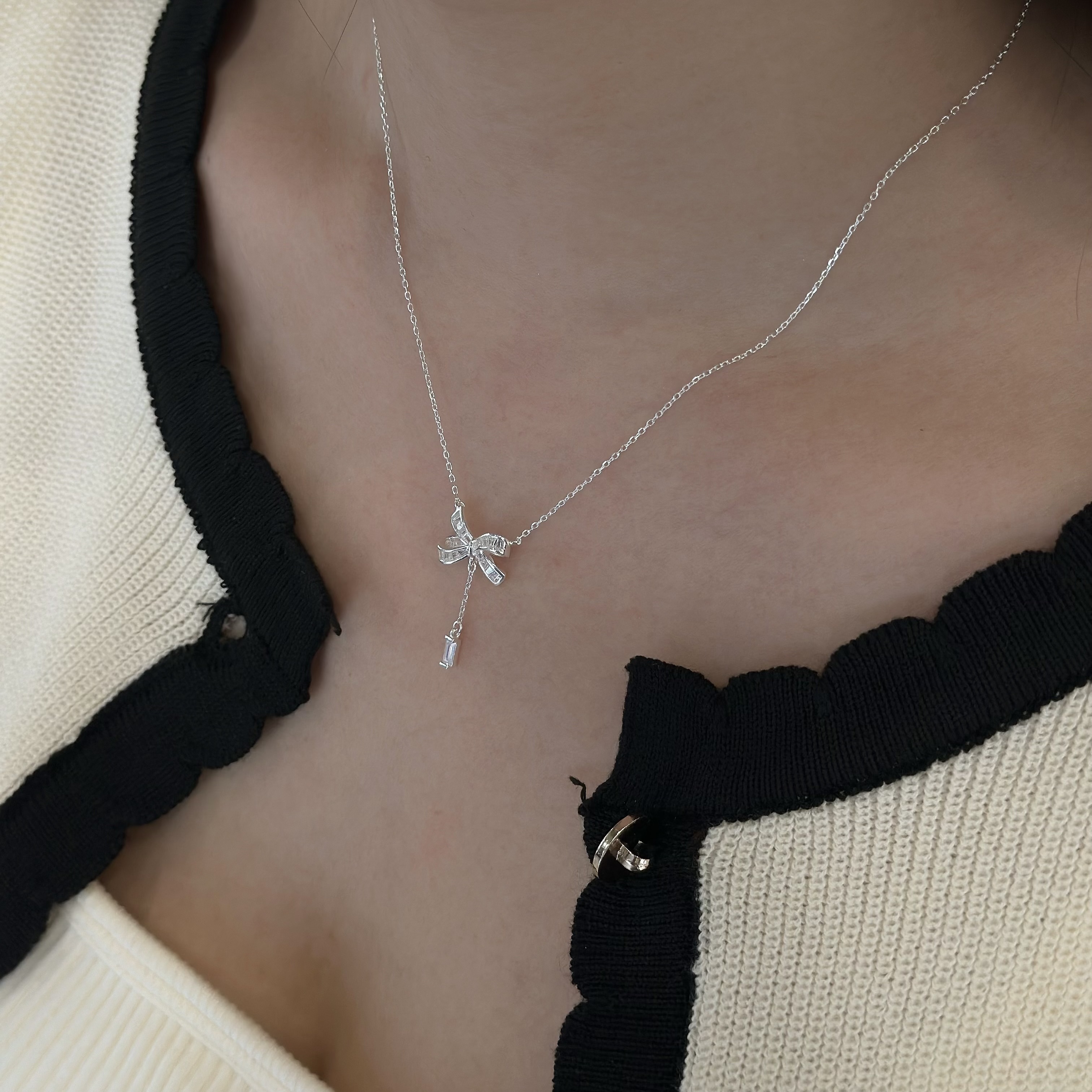 Z27鋯石蝴蝶結Y字純銀鎖骨鏈