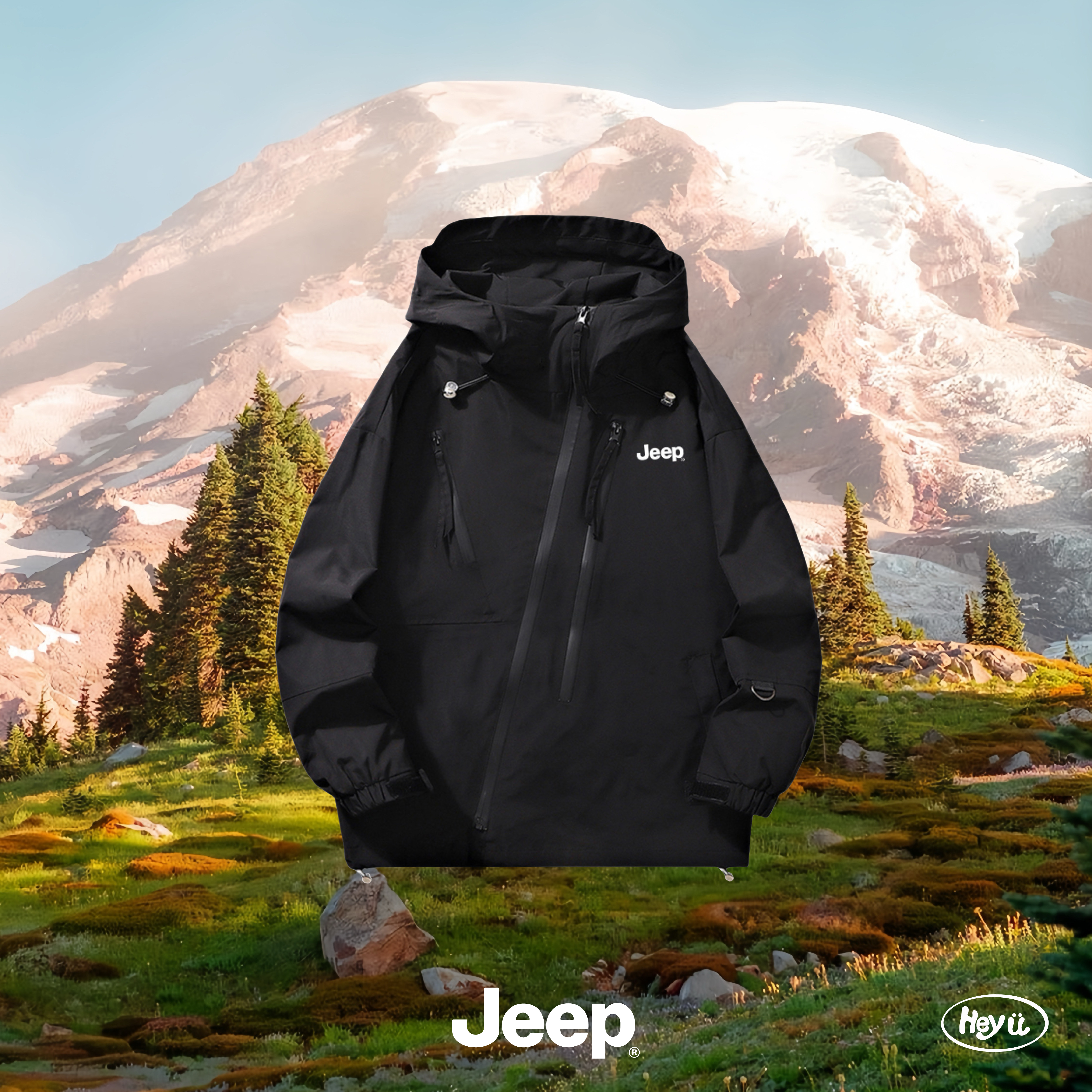 JEEP戶外防風防潑水機能衝鋒連帽外套(黑)
