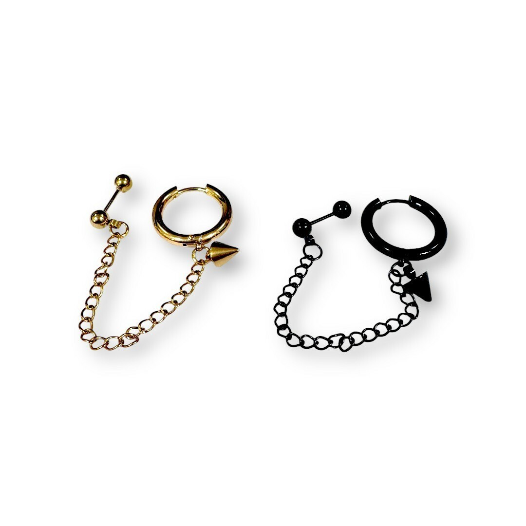 鋼易扣-垂吊小尖錐連鍊珠珠耳環 11M 2色