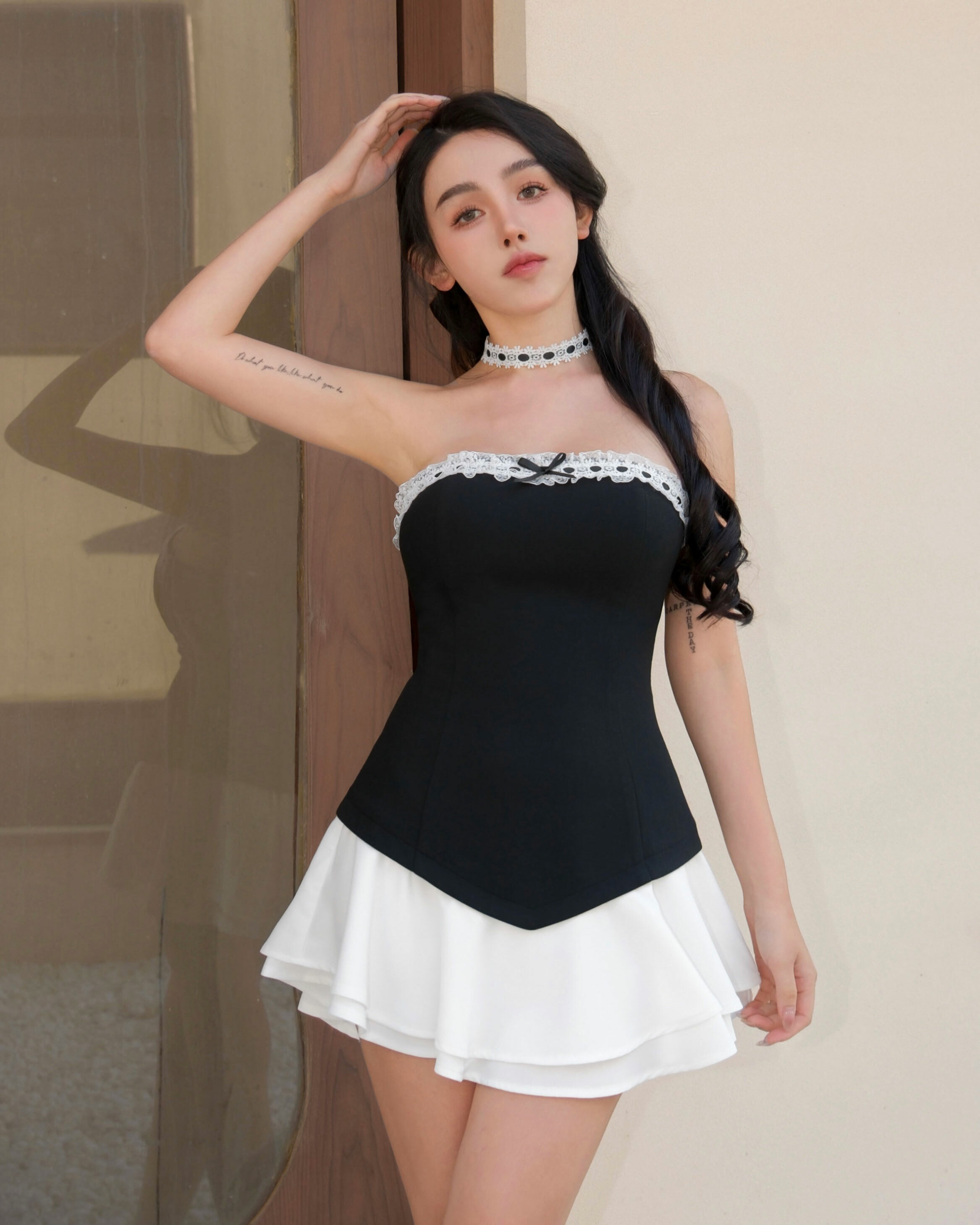 ⭒訂製-甜美緞帶撞色平口洋+外套套裝