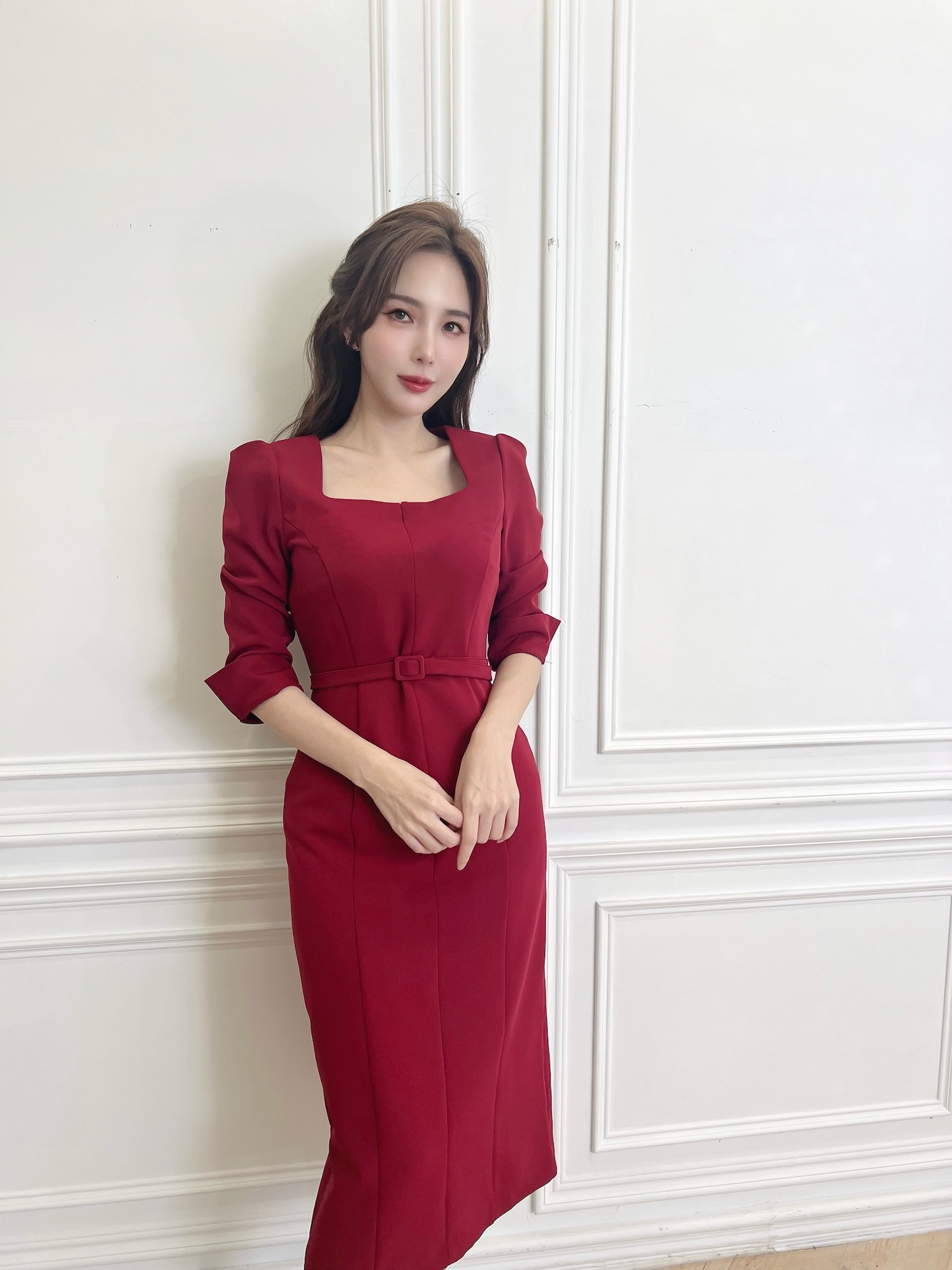 (絕美首選)梯型領腰帶合身洋裝