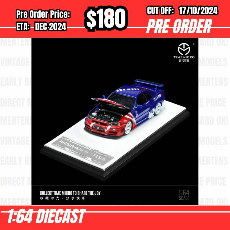 PO-$180 * Time Micro * 1:64 Nissan Skyline GTR R34 Z-Tune Nismo Blue Red  [OD10/10]