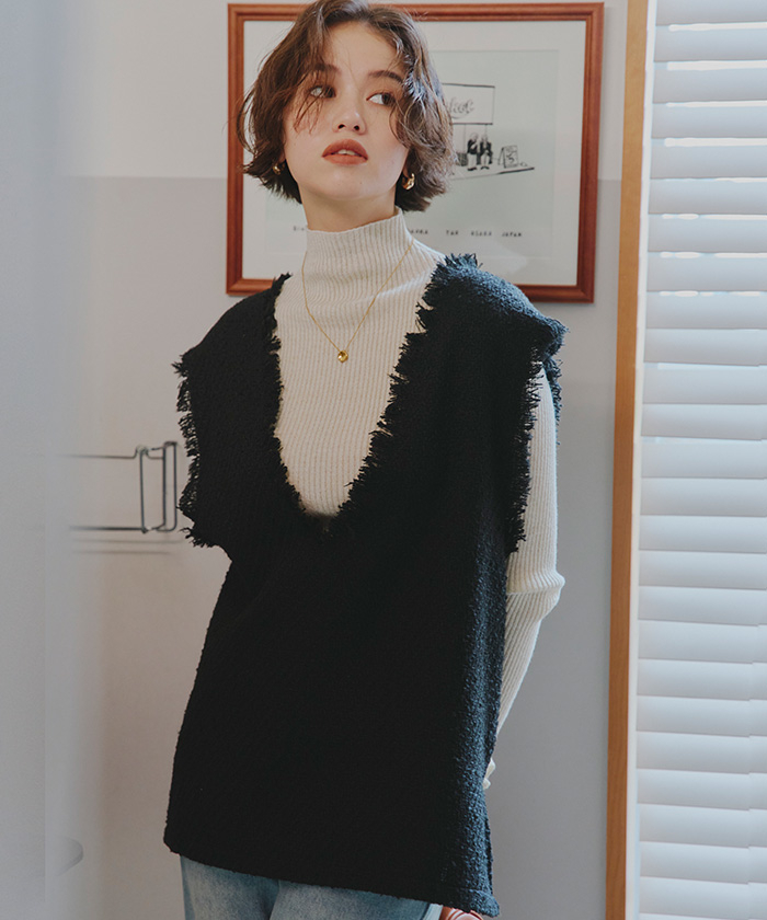 titivate フリンジツイード深Vネックベスト全黑（AEJR0531）