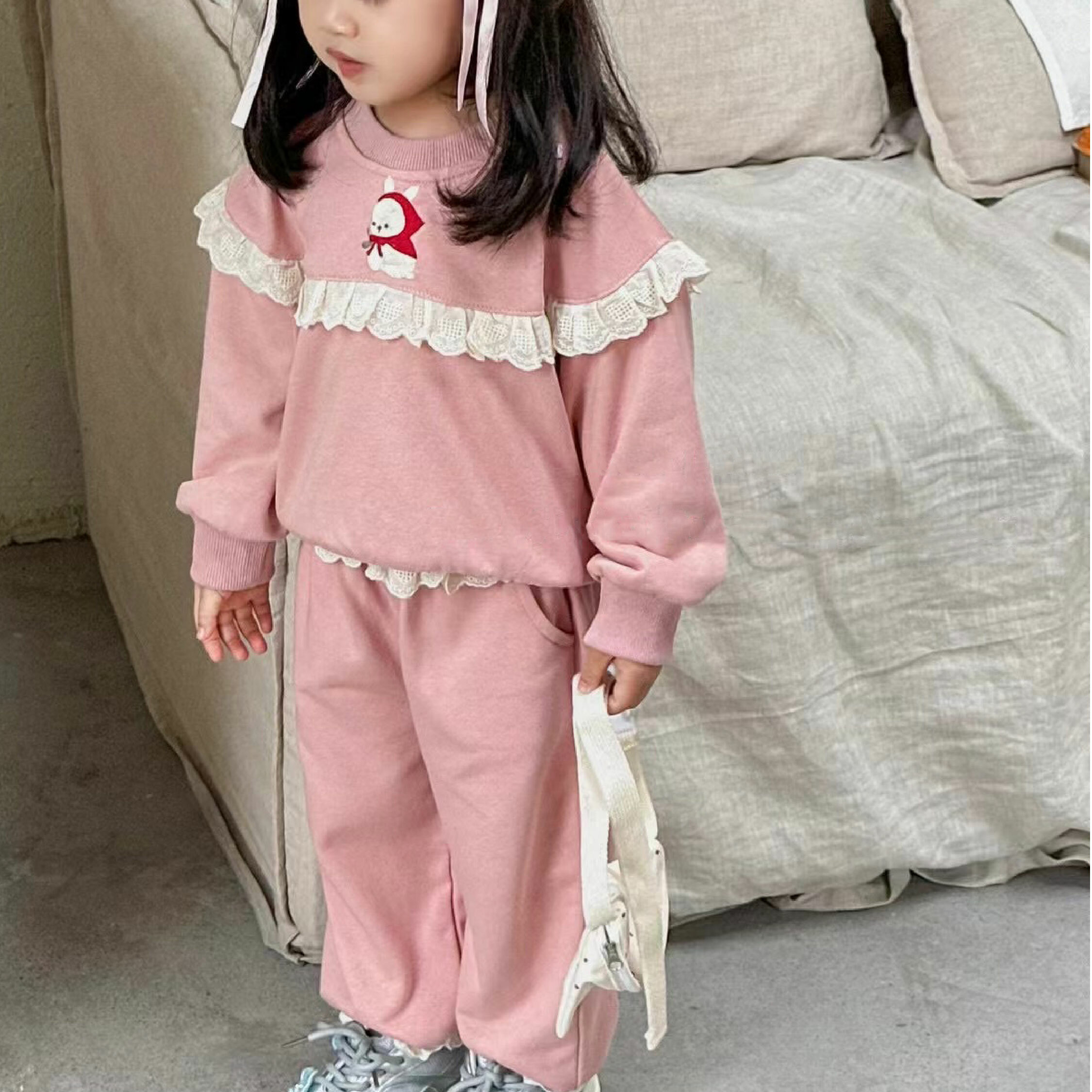 【H45084】小紅帽兔兔質感花邊刺繡套裝＊二色