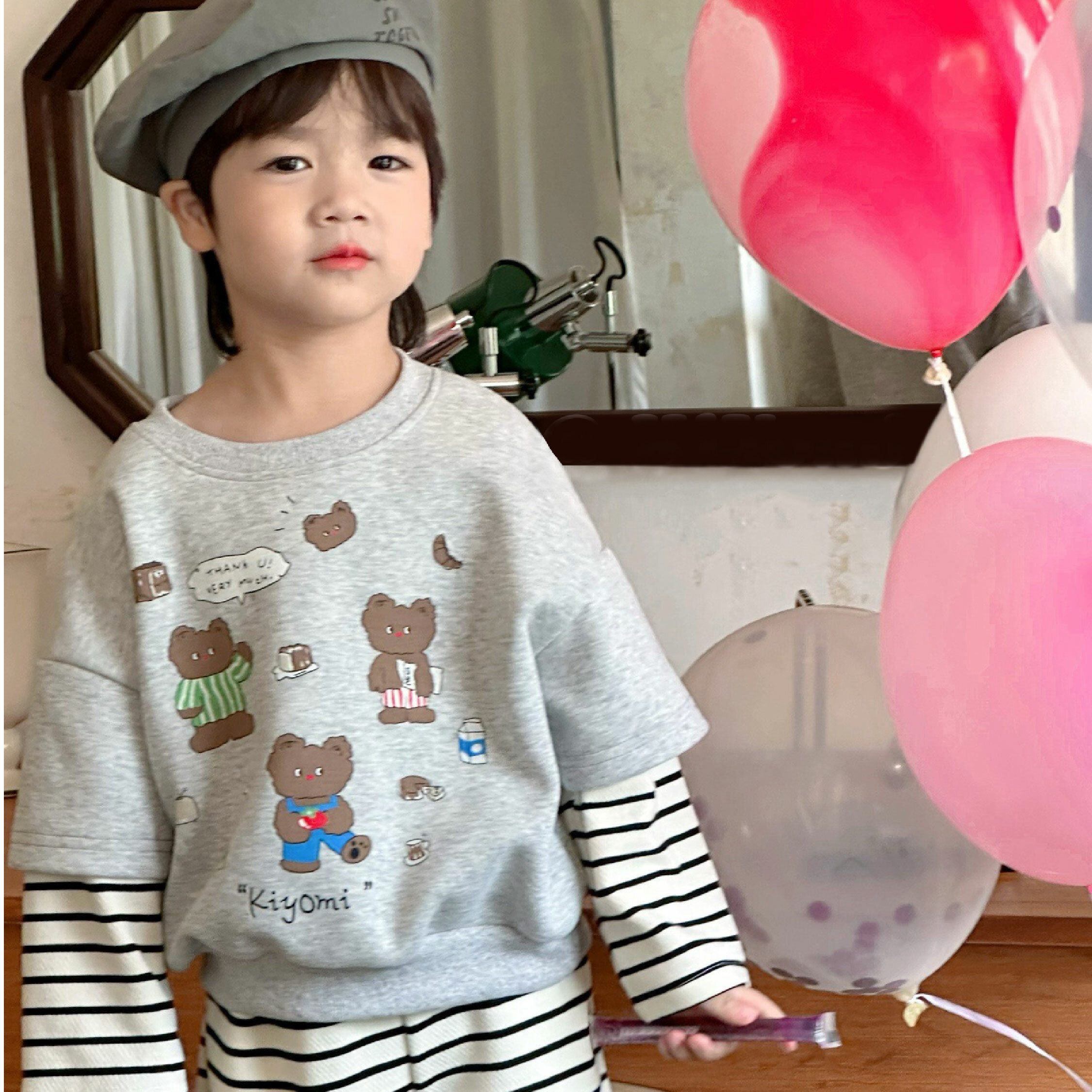 【H45208】野餐小熊條紋袖假兩件上衣＊二色