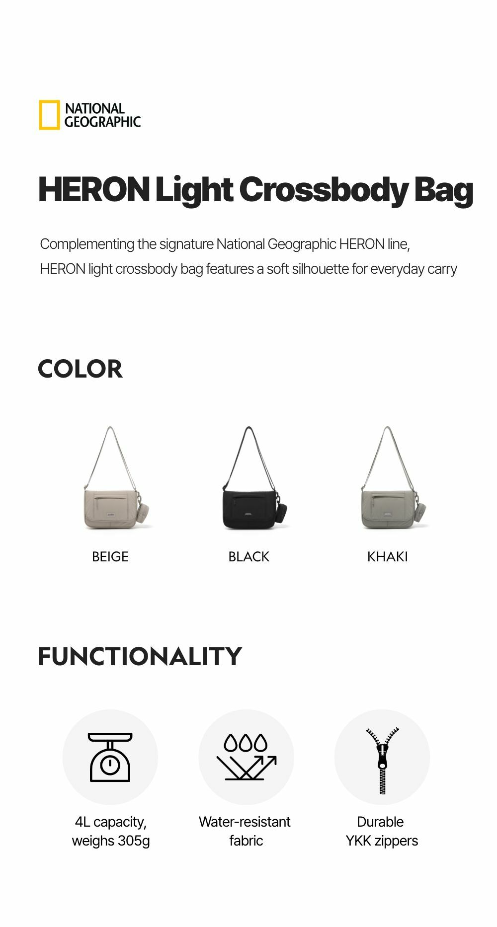 NATIONAL GEOGRAPHIC★ヘロンライトクロスバッグ_3色 HERON Light Crossbody Bag - KHAKI