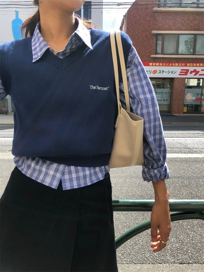 ᴷᴼᴿᴱᴬ 🇰🇷 丹寧藍排扣翻領格子短版長袖上衣