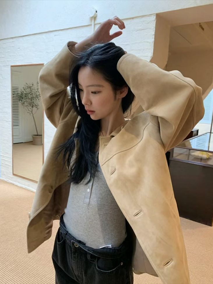 ᴷᴼᴿᴱᴬ 🇰🇷 中性剪裁寬鬆休閒翻領中長款皮衣外套